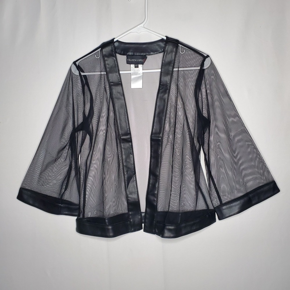 Colleen Lopez Sheer Mesh Faux‎ Leather Cardigan Small Black Edgy Artsy Witchy